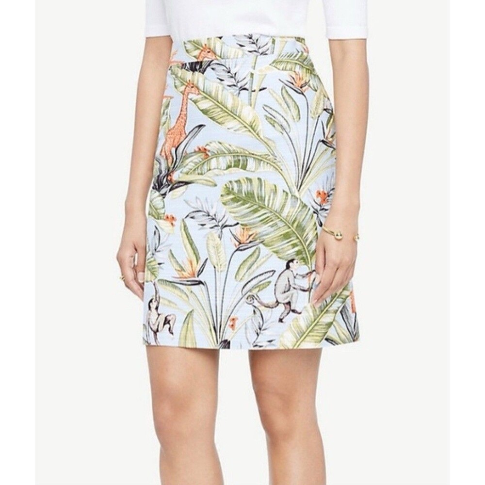 Ann Taylor Tropical Safari Pique Skirt Mini Blue Monkey Giraffe Vacation- 0p